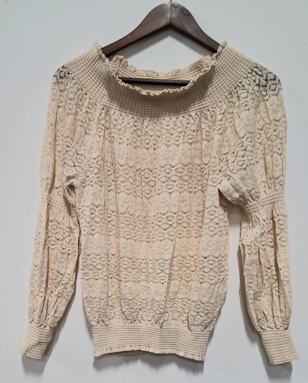 Zara womens large off shoulder top smocked lace cream stretch
